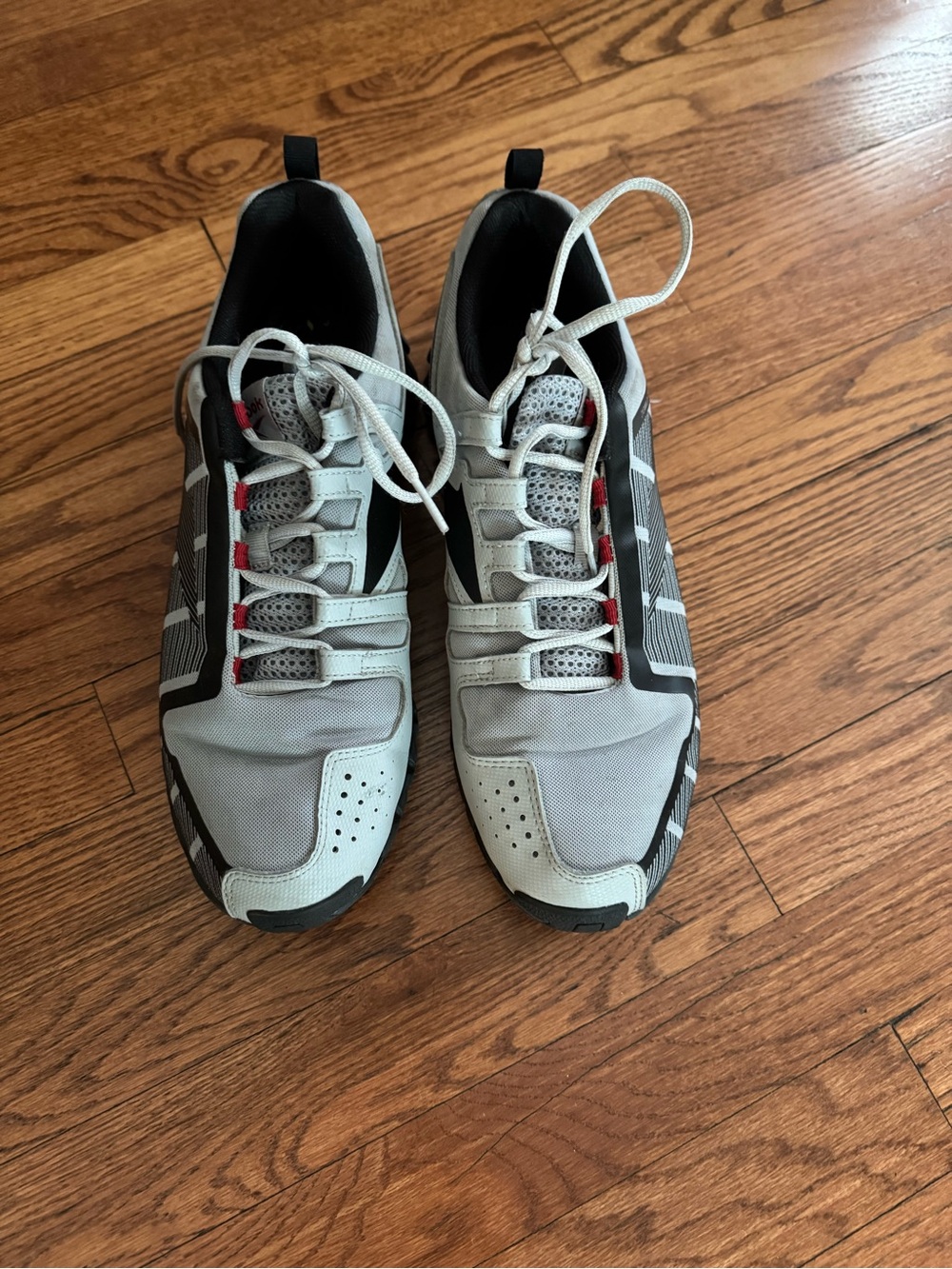 Men's Athletic Lace-Up Sneakers in Light Gray and Black with Red Accents